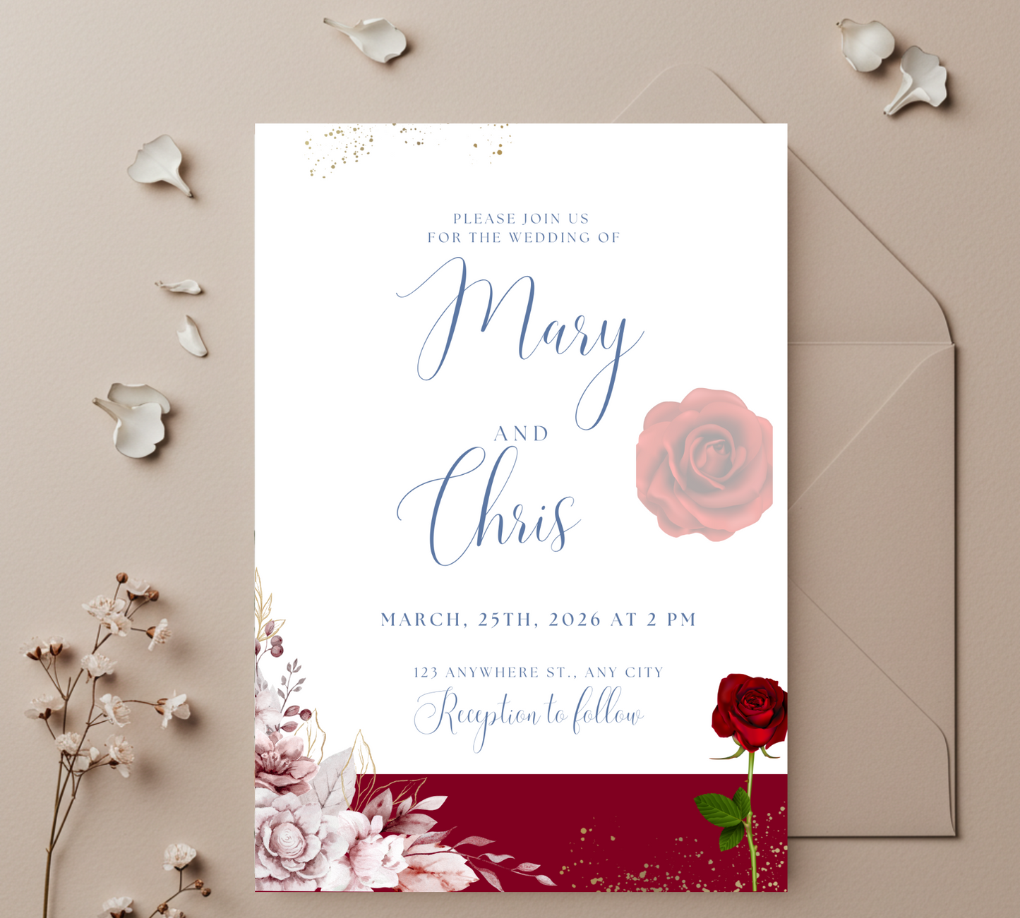 “Blush & Rose – Burgundy Floral Wedding Invitation Template”