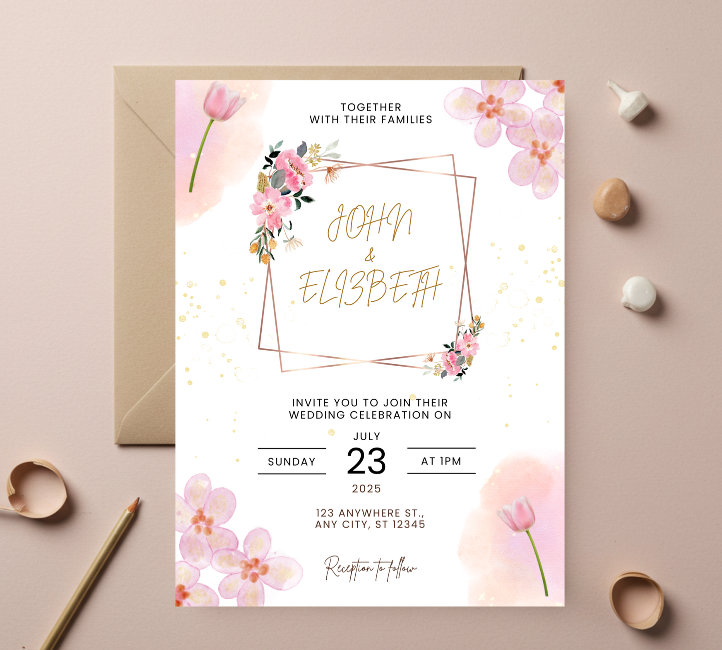 “Blush Bloom – Editable Pink Floral Wedding Invitation Template”