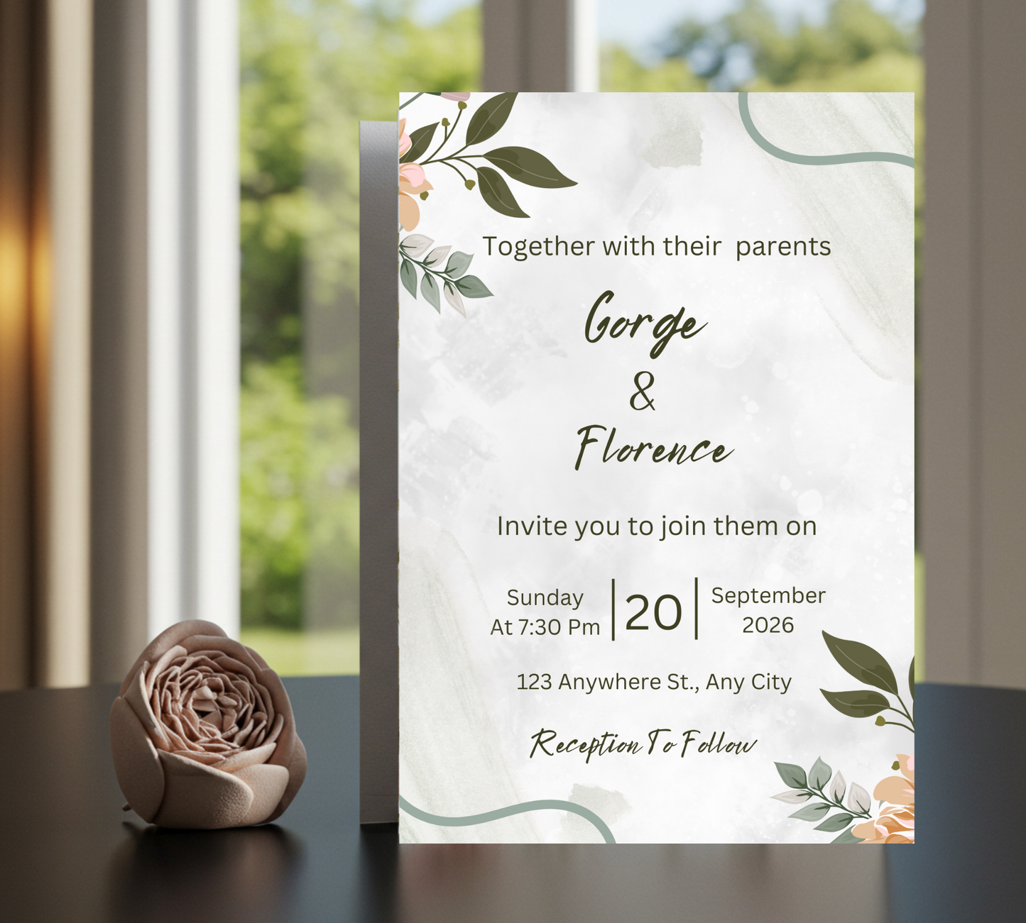 “Sage Blush” – Watercolor Wedding Invitation Portrait (Editable Canva Template)